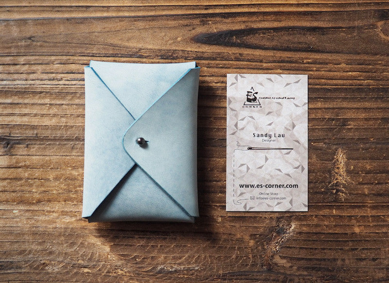 ES Corner Leather Minimal Business Card Holder Credit Card Holder Slim Wallet Blue coated wax showcase