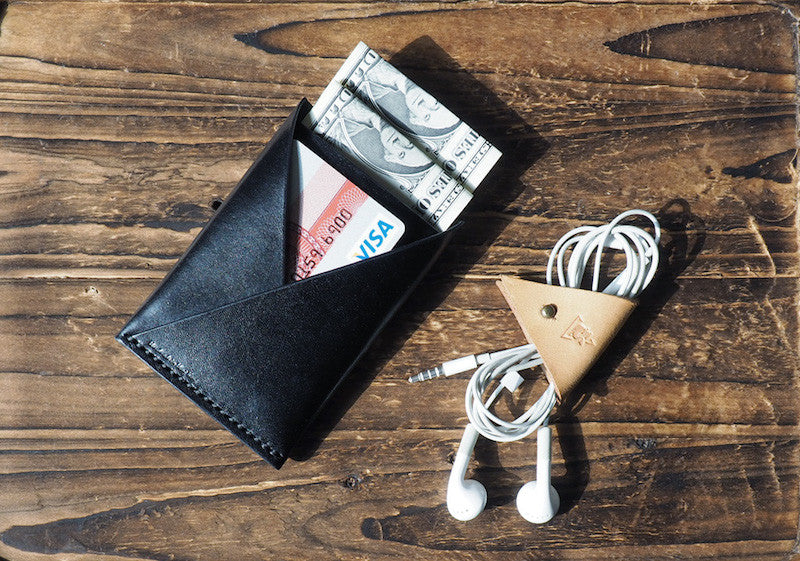 ES Corner Leather Minimal Folded Card Wallet Slim Card Wallet Black notes cards cord holder