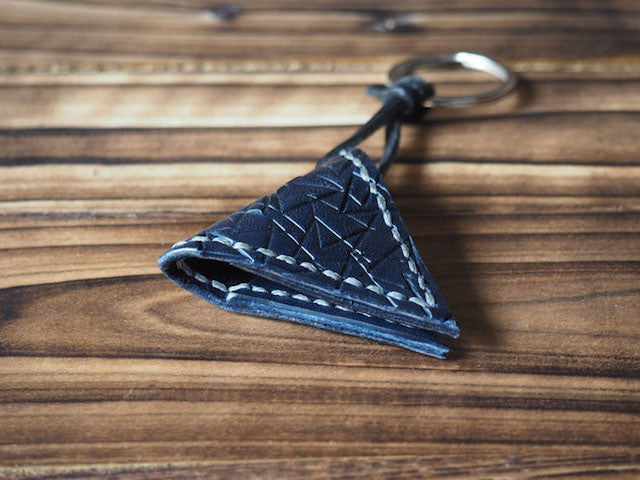 ES Corner Handmade Leather Guitar Pick Case Pick Holder Personalized with Leather Pick Navy Blue Pettern Close Up Shot