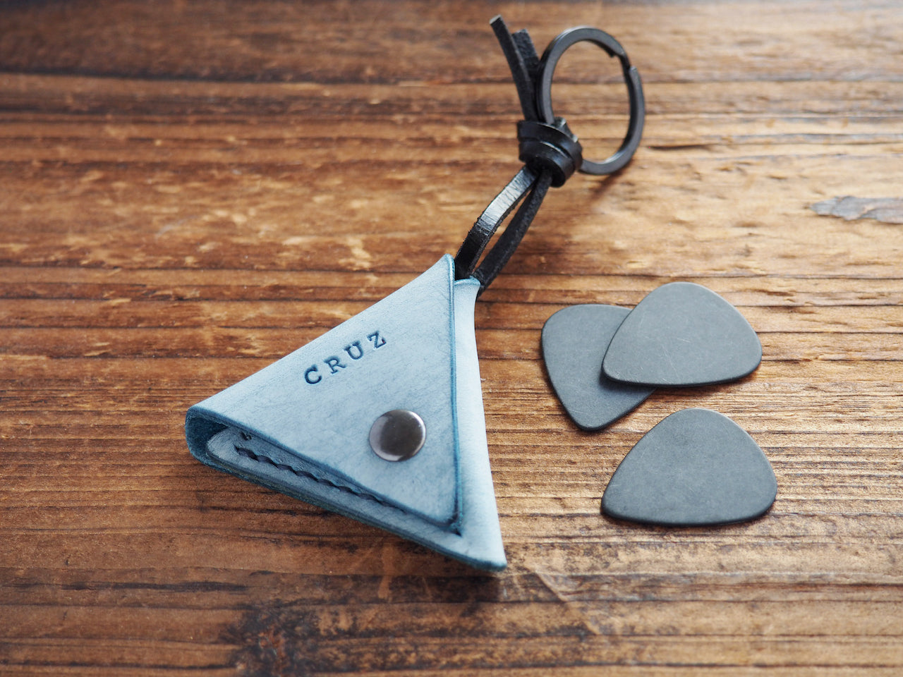 Personalized Leather Folded Guitar Pick Holder Keychain #Ghost Blue | Handmade Leather Goods | Personalized Gifts | ES Corner