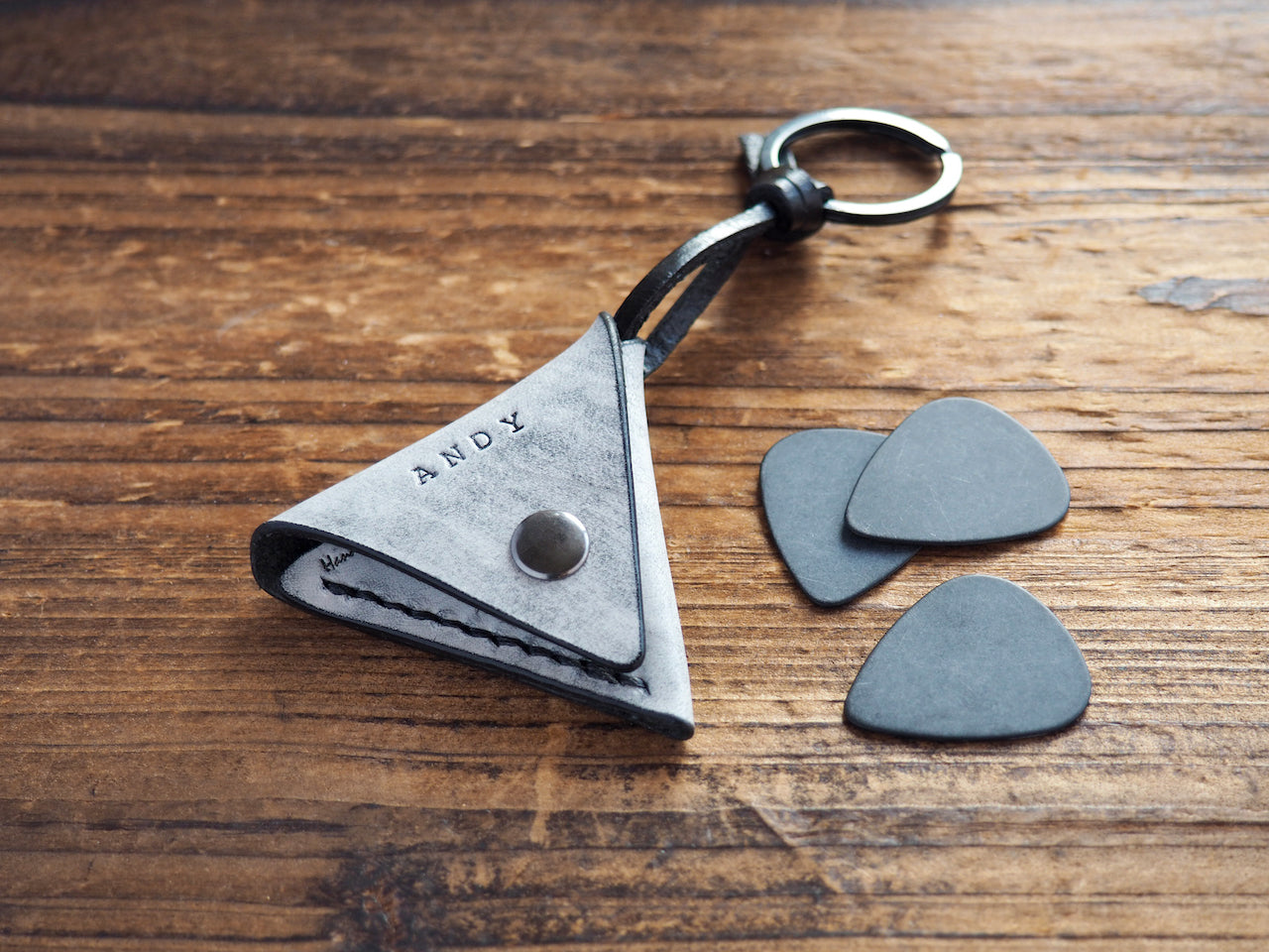 Personalized Leather Folded Guitar Pick Holder Keychain #Ghost Black | Handmade Leather Goods | Personalized Gifts | ES Corner