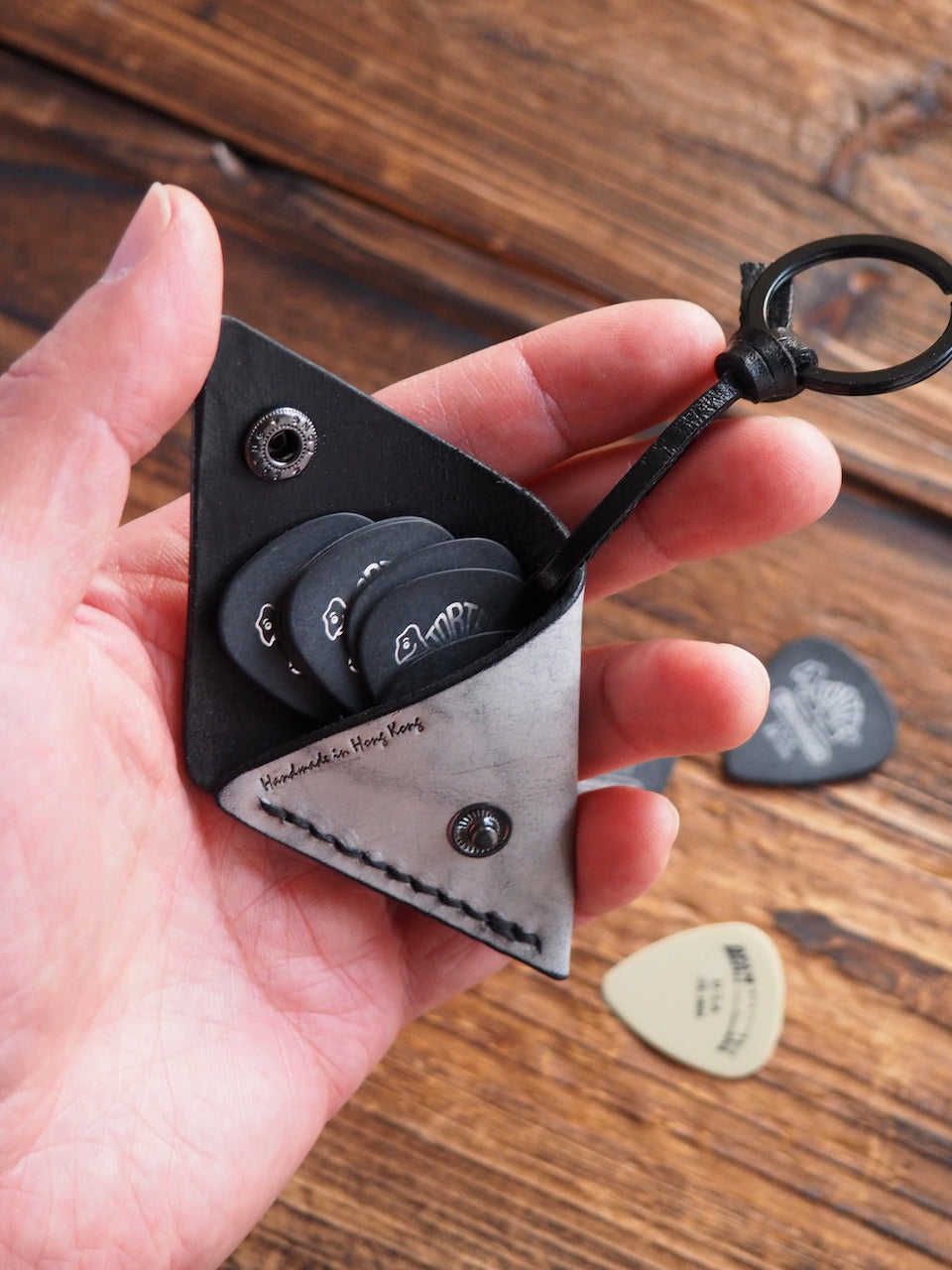 Personalized Leather Folded Guitar Pick Holder Keychain #Ghost Black | Handmade Leather Goods | Personalized Gifts | ES Corner
