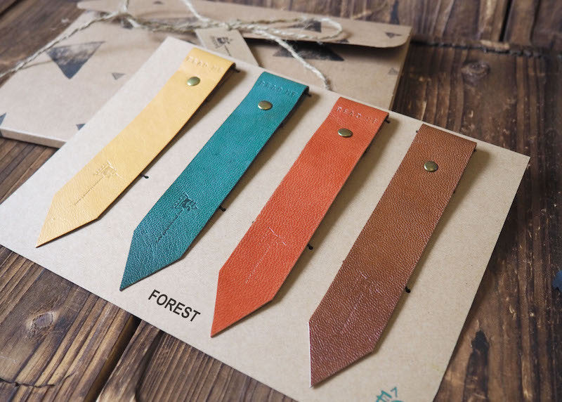 Natural Forest Handmade Leather Bookmark Holiday Gift Set Brown Green Yellow Burnt Sienna Set of 4 | ES Corner