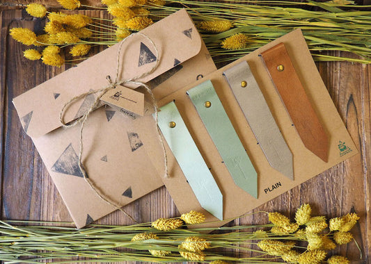 Natural Plain Handmade Leather Bookmark Holiday Gift Set Light Green Dim Grey Brown | ES Corner