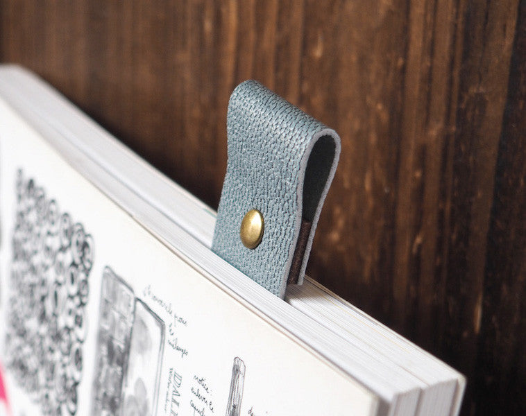 ES Corner Handmade Leather Bookmark Blue Grey with metal stud 