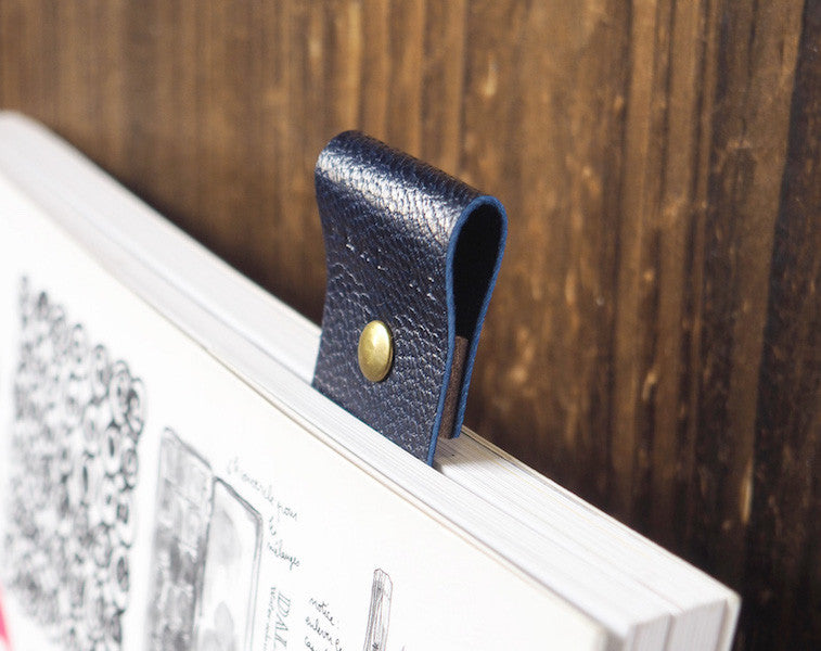 ES Corner Handmade Leather Bookmarks with Japan Goat Skin Leather Navy Blue