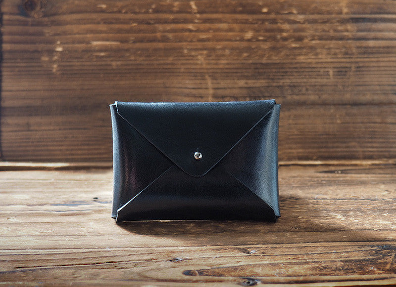 ES Corner Handmade Leather Minimal Business Card Holder Credit Card Holder Slim Wallet Black Front