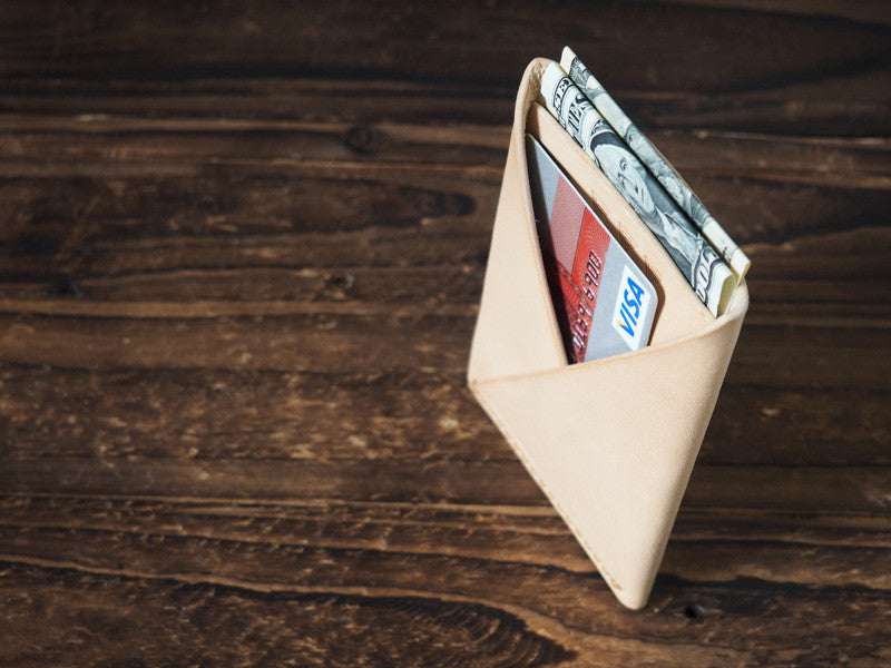 ES Corner Leather Minimal Folded Card Wallet Slim Card Wallet Natural Nude with cash credit card