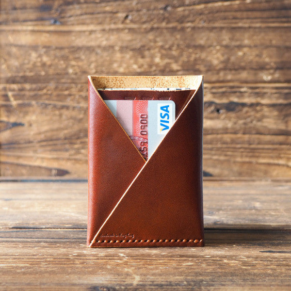 ES Corner Leather Minimal Folded Card Wallet Slim Card Wallet Whiskey Brown notes and credit card