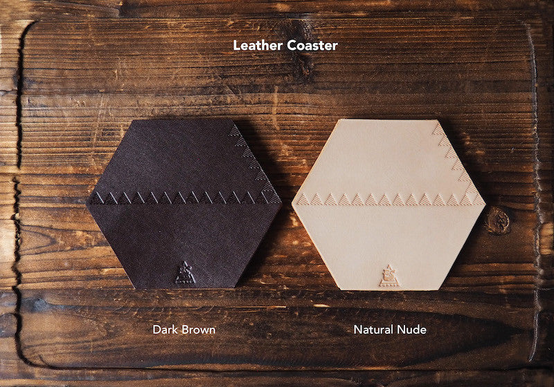 ES Corner Handmade Leather Coasters Dark Brown Natural Nude in Hexagon Shape with Hand tooled Triangle Patterns