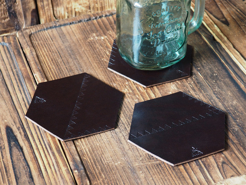 ES Corner Handmade Leather Cup Coaster Set of 3 Geometric Dark Brown