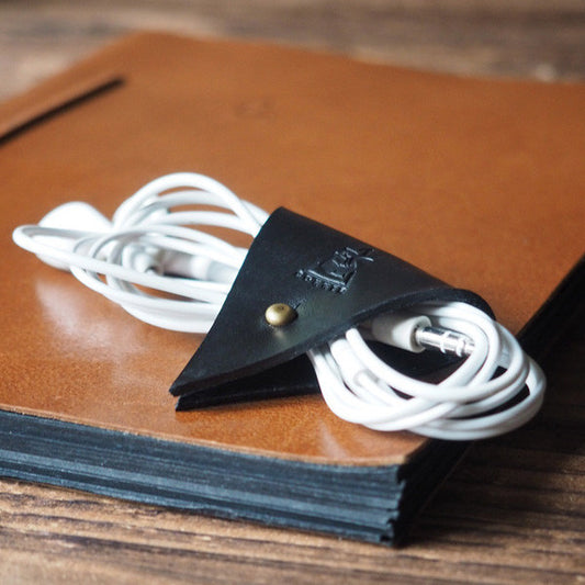 ES Corner Leather Cord Holder Cord Organizer Earphone Headphones keeper Black color
