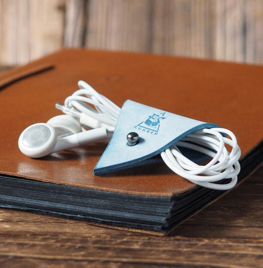 ES Corner Handmade Quality Leather Cord Holder Cable Organizer Coated Wax Blue Triangle Main Shot