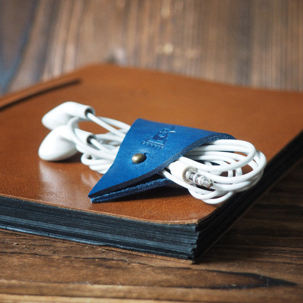 ES Corner Leather Cord Holder Cord Organizer Earphone Headphones Cord keeper Blue Color
