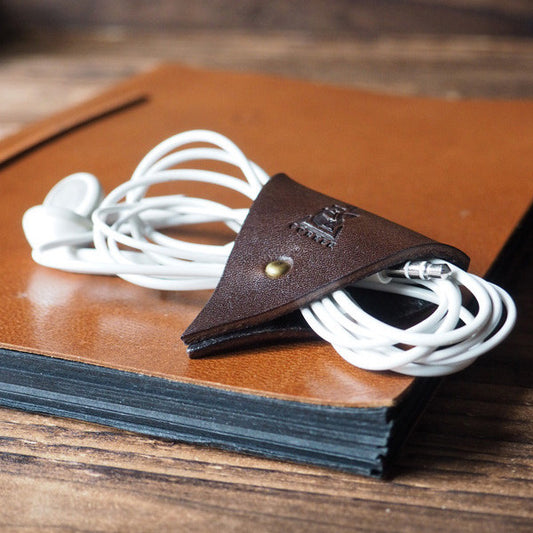 ES Corner Leather Cord Holder Cord Organizer Earphone Headphones Cord keeper Dark Brown Color
