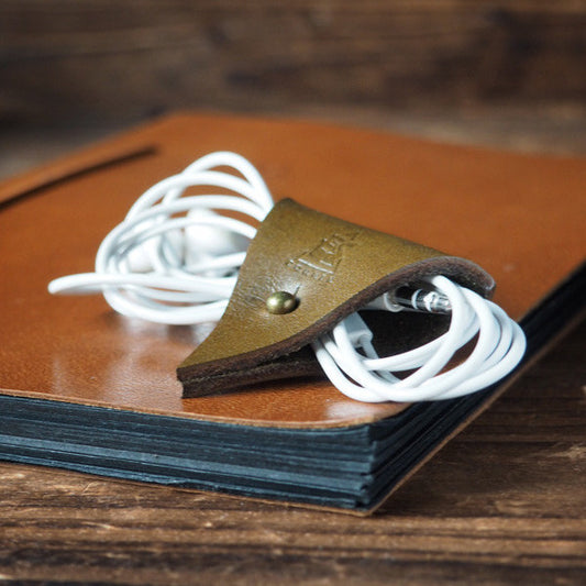 ES Corner Leather Cord Holder Cord Organizer Earphone Headphones Cord keeper Olive green color