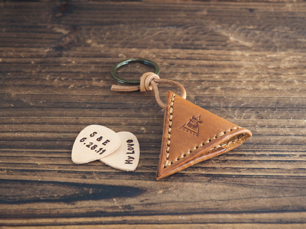 Personalized Leather Guitar Pick Holder Keychain #Brown