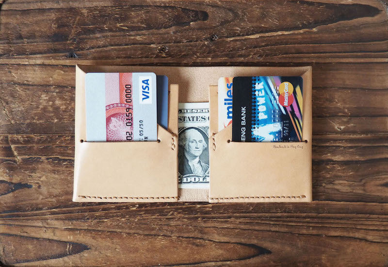Mens fashion everyday carry slim wallet leather Peak billfold wallet Natural Nude card case | ES Corner
