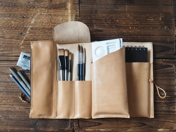 ES Corner Handmade Leather Sketchbook Case Natural Nude Art supplies Holder for Brushes pen pencil palette