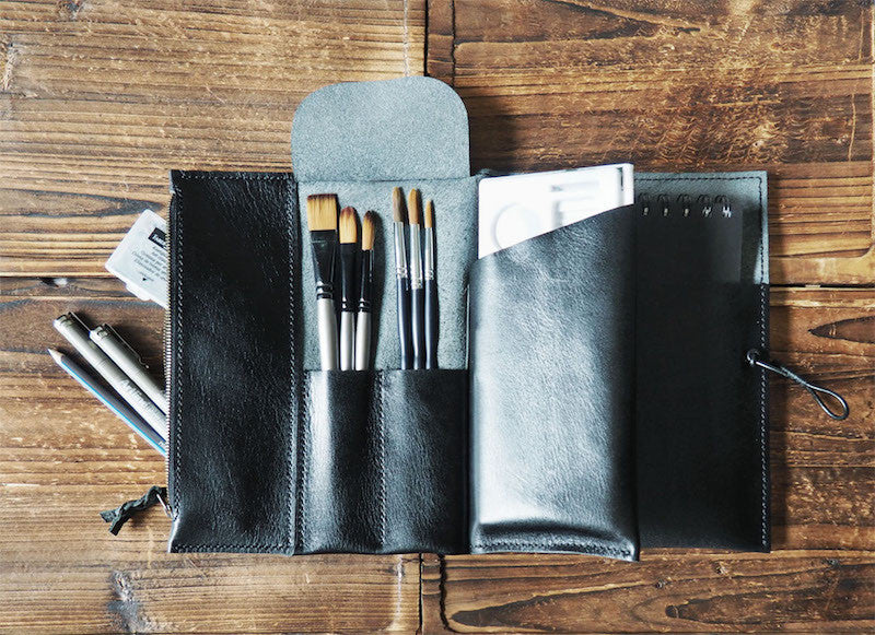 ES Corner Handmade Leather Sketchbook Case with Brush Case Pencil Case and Drawing Case Personalized Journal Black