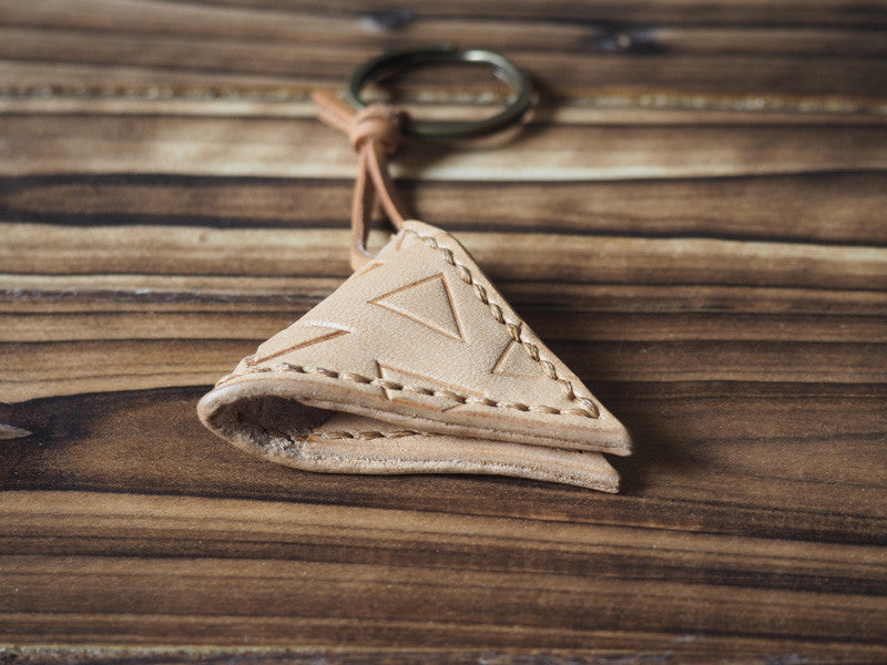 ES Corner Handmade Leather Guitar Pick Case Keychain with hand-tooled Triangle pattern Natural Nude Back