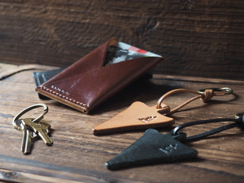 ES Corner Handmade Leather Keychain triangle shape Black Nude and slim card wallet brown
